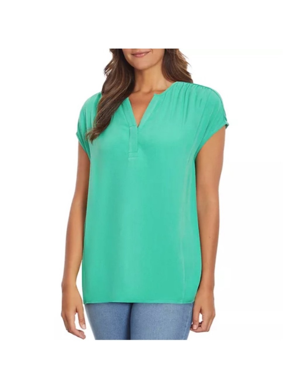 NWT Nine West Green Spruce Short Sleeve Split-Neck Blouse - Size L